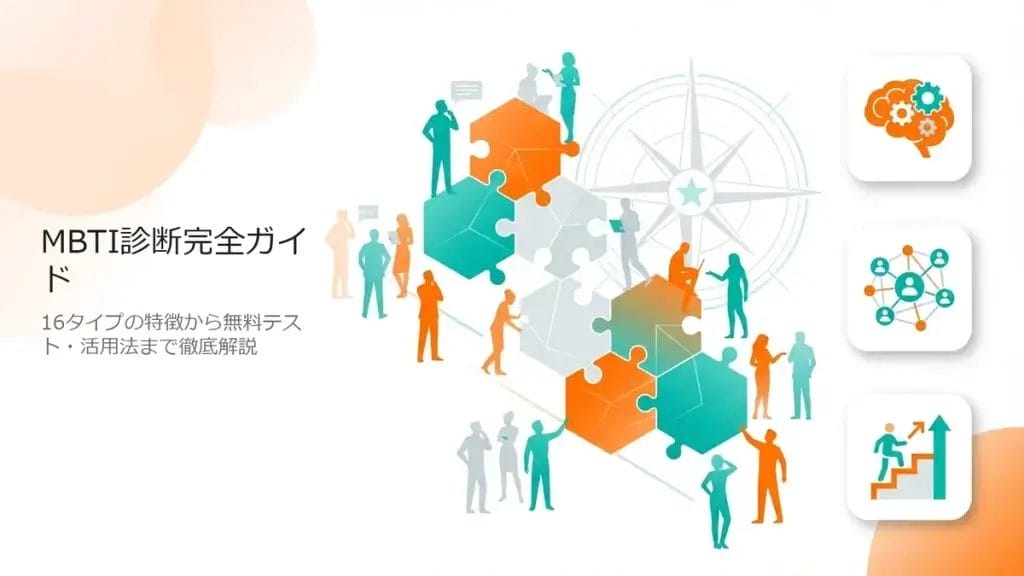 MBTI診断の16のパーソナリティタイプを表現した幾何学的なパズルピースと人物シルエット