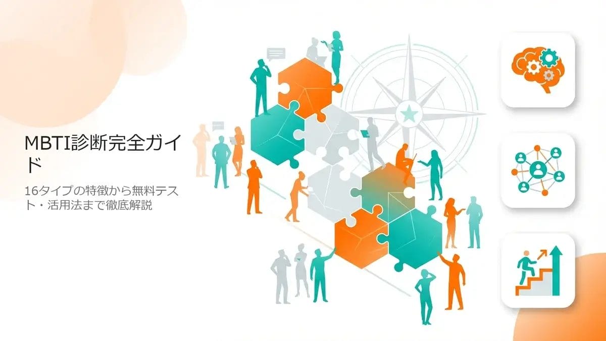 MBTI診断の16のパーソナリティタイプを表現した幾何学的なパズルピースと人物シルエット